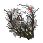 1girl animal_ears arknights arrow_(projectile) bangs bare_shoulders bare_tree belt bird black_belt black_choker black_legwear bow_(weapon) brown_hair choker detached_sleeves flower folinic_(arknights) folinic_(lasting_arrowroot)_(arknights) hair_flower hair_ornament heibaise_jiangshi highres holding holding_arrow holding_bow_(weapon) holding_weapon infection_monitor_(arknights) long_hair long_sleeves looking_at_viewer official_alternate_costume official_art ponytail red_flower sitting smile solo thigh-highs toeless_legwear toeless_socks transparent_background tree weapon white_flower yellow_eyes