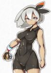  1girl arm_at_side bea_(pokemon) black_bodysuit black_hairband bodysuit bow_hairband breasts closed_mouth covered_nipples cowboy_shot dynamax_band expressionless gloves grey_eyes grey_hair gym_leader hair_between_eyes hairband hiro_(h-net) looking_at_viewer medium_breasts medium_hair outline outstretched_arms pokemon pokemon_(game) pokemon_swsh short_sleeves single_glove solo tan wing_collar 