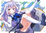  1girl absurdres blue_bow blue_hair blue_vest blush bow eyebrows_visible_through_hair gochuumon_wa_usagi_desu_ka? hair_ornament highres kabocya_na kafuu_chino legs light_blue_hair rabbit_house_uniform shoes skirt solo thigh-highs vest x_hair_ornament 