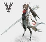  1girl android arm_mounted_weapon bangs brown_hair digitigrade full_body headgear highres long_hair mechanical_arms mechanical_legs navel original pelvic_curtain polearm red_eyes solo standing tail toriseka weapon 