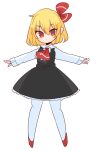  1girl ascot black_dress blonde_hair collared_shirt cravat dress full_body hair_ribbon highres op_na_yarou outstretched_arms red_eyes red_neckwear red_ribbon ribbon rumia shirt short_dress short_hair spread_arms touhou vest white_shirt 
