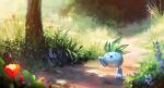  :d commentary_request day flower frogjem gen_1_pokemon grass happy highres no_humans oddish open_mouth orange_flower outdoors path pokemon pokemon_(creature) shiny smile solo tongue tree walking 