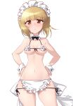  1girl apron artist_name bikini black_neckwear blonde_hair blush bow bowtie breasts closed_mouth cutlass_(girls_und_panzer) dated embarrassed eyebrows_visible_through_hair frilled_bikini frills girls_und_panzer hands_on_hips highres kuzuryuu_kennosuke looking_at_viewer maid_apron maid_headdress navel shiny shiny_hair shiny_skin short_hair side-tie_bikini simple_background skindentation small_breasts solo swimsuit wavy_mouth white_background yellow_eyes 