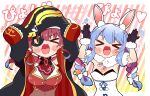  2girls animal_ear_fluff animal_ears blue_hair blush braid breasts chibi food-themed_hair_ornament hair_ornament highres hololive houshou_marine long_hair looking_at_viewer multicolored_hair multiple_girls rabbit_ears redhead sakuramochi_(sakura_frappe) solo twin_braids twintails usada_pekora virtual_youtuber 