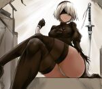 black_blindfold black_dress black_hairband blindfold boots breasts cleavage_cutout clothing_cutout covered_eyes dress feather-trimmed_sleeves fengya gloves hairband high_heel_boots high_heels highres juliet_sleeves katana leotard long_sleeves medium_breasts nier_(series) nier_automata puffy_sleeves silver_hair sword thigh-highs thigh_boots thighhighs_under_boots vambraces weapon white_leotard yorha_no._2_type_b 