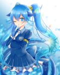  1girl :o absurdres armlet bangs blue_eyes blue_gloves blue_hair blue_jacket blue_legwear blue_shirt blue_skirt blue_suit blue_tail blue_theme blurry blurry_background buttons collared_shirt commentary_request dragon_tail eyebrows_visible_through_hair frilled_skirt frilled_sleeves frills gloves hair_between_eyes hand_up highres jacket japari_symbol japari_symbol_print kemono_friends long_hair mitorizu_02 necktie one_eye_closed pantyhose pleated_skirt seiryuu_(kemono_friends) shirt skirt solo tail twintails very_long_hair white_neckwear 