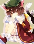  1girl :3 animal_ears arm_rest bloomers blush bow brown_eyes brown_hair cat_ears cat_tail chen closed_mouth dress drop_shadow eyebrows_behind_hair fingernails full_body gold_trim green_headwear grey_background hat highres juliet_sleeves knees_up long_sleeves looking_at_viewer mob_cap multiple_tails nekomata nikorashi-ka puffy_sleeves red_dress red_footwear red_skirt red_vest simple_background sitting skirt slit_pupils solo tail touhou two_tails underwear vest yellow_bow 