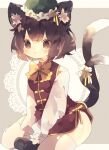  1girl :t animal_ear_fluff animal_ears bangs blush bow bowtie brown_eyes brown_hair cat_ears cat_tail chen closed_mouth dress flat_chest gold_trim green_headwear grey_background hat highres long_sleeves looking_ahead mob_cap nekomata nikorashi-ka pout puffy_sleeves red_dress short_hair simple_background sitting solo tail thigh-highs touhou v-shaped_eyebrows wariza white_legwear yellow_bow yellow_neckwear 
