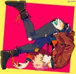  1boy alternate_costume bakugou_katsuki bangs black_footwear blonde_hair boku_no_hero_academia boots brown_jacket commentary_request cross-laced_footwear ear_piercing earrings food green_background hand_up holding jacket jewelry long_sleeves male_focus open_clothes open_jacket open_mouth pants piercing pink_background pocky shoes short_hair solo spiky_hair tonomayo torn_clothes torn_pants twitter_username upside-down 