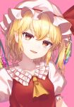  1girl bangs blonde_hair commentary_request crystal fang flandre_scarlet hat hat_ribbon highres kisamu_(ksmz) looking_at_viewer medium_hair mob_cap open_mouth pink_background red_eyes red_ribbon red_vest ribbon shirt short_sleeves side_ponytail simple_background slit_pupils smile solo touhou upper_body vest white_shirt yellow_neckwear 