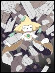  absurdres closed_eyes commentary_request facing_viewer gen_3_pokemon green_ribbon highres jirachi mythical_pokemon no_humans open_mouth outline outstretched_arms pokemon pokemon_(creature) ribbon rubble shabana_may solo sparkle tongue 