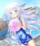  1girl ball blue_eyes blue_sky blue_swimsuit blurry building clouds commentary_request covered_navel cowboy_shot day depth_of_field dutch_angle gochuumon_wa_usagi_desu_ka? hair_ornament holding holding_ball kafuu_chino light_blue_hair long_hair outdoors pool school_swimsuit shiny shiny_clothes sky smile solo swimsuit water x_hair_ornament yu-ka0919 