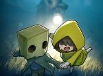  1boy 1girl barefoot brown_eyes brown_hair brown_jacket brown_pants child grey_shirt holding_hands hood hood_up jacket little_nightmares_ii long_sleeves mono_(little_nightmares) open_mouth pants raincoat running shirt six_(little_nightmares) sparrowl sweatdrop 