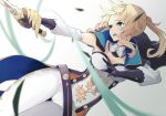  1girl absurdres blonde_hair blue_eyes breasts detached_sleeves fighting_stance genshin_impact highres holding holding_weapon jean_(genshin_impact) leaf long_hair medium_breasts open_mouth ponytail rapier sidelocks simple_background sleeveless solo strapless sword tubetop weapon white_background wind 