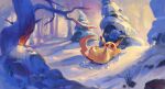  bare_tree commentary_request creature day frogjem gen_1_pokemon happy highres lying no_humans on_back open_mouth outdoors pikachu pokemon pokemon_(creature) signature smile snow snow_angel solo tree upper_teeth |d 