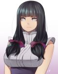 1girl bangs black_hair blunt_bangs bow breasts commentary grey_eyes hair_bow highres hyuuga_hinata large_breasts long_hair looking_at_viewer nachocobana naruto_(series) naruto_shippuuden simple_background solo twintails upper_body watermark white_background