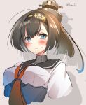  1girl ahoge akizuki_(kancolle) black_hair black_headband black_sailor_collar blue_eyes clothes_writing corset grey_background hachimaki headband headgear highres kantai_collection long_hair looking_at_viewer neckerchief one-hour_drawing_challenge ponytail sailor_collar sasorichamaru school_uniform serafuku simple_background solo upper_body yellow_neckwear 