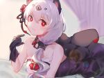  1girl :3 animal_ears bangs bare_shoulders bed black_dress black_gloves cat_ears closed_mouth curtains dress flower gloves hair_between_eyes hair_flower hair_ornament honkai_(series) honkai_impact_3rd july_no_dark_chocolate looking_at_viewer lying on_stomach red_eyes red_flower red_rose rose side_ponytail smile solo theresa_apocalypse theresa_apocalypse_(luna_kindred) white_hair 