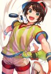  1girl bangs baseball_cap black_hair green_eyes hair_behind_ear hankuri hat hololive hankuri jersey jumping looking_at_viewer oozora_subaru open_mouth outstretched_arms shirt short_hair shorts smile solo striped striped_shirt t-shirt tied_shirt tomboy vertical-striped_shirt vertical_stripes virtual_youtuber whistle whistle_around_neck white_shorts wristband 