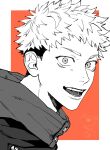 1boy facial_mark greyscale highres hood hood_down hoodie itadori_yuuji jacket jujutsu_kaisen kmskc_f looking_at_viewer male_focus monochrome open_mouth partially_colored portrait red_background short_hair smile solo spiky_hair undercut 