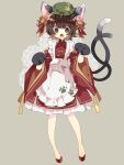  1girl :o adapted_costume animal_ear_fluff animal_ears apron bangs bell blush brown_eyes brown_hair cat_ears cat_tail chen dress eyebrows_behind_hair fang flat_chest full_body gloves green_headwear grey_background hat highres jingle_bell looking_at_viewer mob_cap multiple_tails nekomata nikorashi-ka open_mouth paw_gloves paw_print paws petticoat red_dress red_footwear red_ribbon ribbon simple_background sleeves_past_wrists solo standing tail touhou two_tails white_apron wide_sleeves 