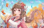  1girl ahoge animal_ears apron arknights blurry blurry_background brown_hair eyebrows_visible_through_hair eyjafjalla_(arknights) fish food frilled_apron frills goldfish hair_between_eyes hair_ornament highres horns humiaojun japanese_clothes kimono long_hair long_sleeves looking_at_viewer red_eyes sheep_ears sheep_girl sheep_horns takoyaki upper_body wa_maid water_drop wind_chime 