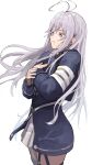  1girl 86_-eightysix- closed_mouth eyebrows_visible_through_hair feet_out_of_frame grey_eyes hanabusaraleigh hat holding holding_clothes holding_hat long_hair looking_away silver_hair solo standing uniform vladilena_millize white_background 