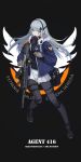  1girl absurdres agent_416_(girls_frontline) assault_rifle bangs commentary_request eyebrows_visible_through_hair facial_mark full_body gas_mask girls_frontline gloves green_eyes gun h&amp;k_hk416 hair_ornament highres hk416_(girls_frontline) holding holding_gun holding_weapon jacket knee_pads latin_text long_hair long_sleeves mask mask_around_neck official_alternate_costume open_clothes open_jacket optical_sight p416 pantyhose pleated_skirt respirator revision rifle shoes silver_hair skirt solo tom_clancy&#039;s_the_division umi_okami_kun uniform vertical_foregrip weapon white_skirt 