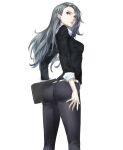  1girl arched_back ass belt black_shirt breasts brown_eyes earrings folder hair_behind_ear hair_ornament jewelry long_hair looking_back niijima_sae ozkh pants persona persona_5 shirt silver_hair solo tight tight_pants 