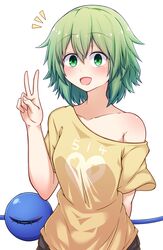  1girl adapted_costume arm_behind_back bare_shoulders blush casual closed_eyes contemporary green_eyes green_hair heart highres komeiji_koishi looking_at_viewer medium_hair off_shoulder open_mouth shirt siw0n smile solo t-shirt third_eye touhou upper_body v 