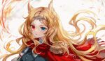  1girl archetto_(arknights) arknights blonde_hair blue_eyes breasts cape commentary forehead grey_background heterochromia looking_at_viewer medium_breasts parted_lips red_cape red_eyes solo spacelongcat tiara upper_body 