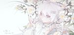  1girl absurdres animal_ears arknights artist_name black_nails bow bowtie branch dress flower grey_eyes hair_ornament hairclip hands_up highres lappland_(arknights) long_hair nyansky portrait scar scar_across_eye white_background white_bow white_dress white_flower white_hair wolf_ears 