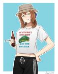  1girl alcohol beer beer_bottle blue_background border bottle brown_hair bucket_hat cigarette clothes_writing collarbone commentary cowboy_shot darkpulsegg english_commentary english_text fish girls_frontline green_eyes hair_ribbon hair_rings hand_on_hip hat holding holding_bottle holding_cigarette light_blush looking_at_viewer midriff_peek navel pants ribbon shirt short_sleeves signature smile springfield_(girls_frontline) t-shirt track_pants white_border white_shirt 