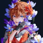  1boy artist_name black_gloves blue_eyes blue_flower collared_jacket dark_background eyebrows_visible_through_hair flower genshin_impact gloves glowing hair_between_eyes hair_flower hair_ornament hand_up light_brown_hair messy_hair purple_flower short_hair simple_background solo tartaglia_(genshin_impact) yeurei 