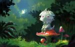  bug bush butterfly closed_mouth commentary_request espurr frogjem gen_6_pokemon glowing glowing_butterfly grass grey_fur highres insect mushroom no_humans outdoors parted_lips pokemon pokemon_(creature) signature sitting toes violet_eyes 