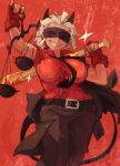  1girl balance_scale baseball_bat belt belt_buckle black_belt black_neckwear black_pants black_tail blood bloody_weapon bra bra_through_clothes breasts buckle demon_girl demon_horns demon_tail fingerless_gloves gloves helltaker highres horns justice_(helltaker) large_breasts pants red_background red_bra red_gloves red_shirt scrooge_mckhyle shirt smile sparkle star_(symbol) tail tied_hair underwear weapon weighing_scale white_hair 