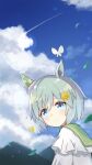  1girl animal animal_ears bangs blue_eyes blue_hair blue_sky blush bug butterfly closed_mouth clouds commentary day ear_covers eyebrows_visible_through_hair flower green_sailor_collar hair_between_eyes hair_flower hair_ornament hairclip highres horse_ears insect ixia_(ixia424) leaf leaves_in_wind light_smile looking_at_viewer mountain outdoors sailor_collar seiun_sky_(umamusume) shirt short_hair sky solo umamusume upper_body white_butterfly white_shirt yellow_butterfly yellow_flower 