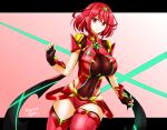  1girl bangs black_gloves breasts chest_jewel earrings fingerless_gloves gloves hisin jewelry large_breasts pyra_(xenoblade) red_eyes red_legwear red_shorts redhead short_hair short_shorts shorts solo swept_bangs thigh-highs tiara xenoblade_chronicles_(series) xenoblade_chronicles_2 