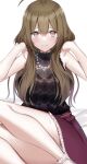  1girl ahoge bangs bare_shoulders black_shirt blush breasts brown_eyes brown_hair idolmaster idolmaster_shiny_colors jewelry kanikou kuwayama_chiyuki large_breasts long_hair looking_at_viewer necklace pearl_necklace purple_skirt shirt skirt sleeveless sleeveless_shirt solo thighs 