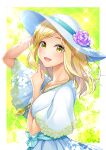  1girl :d blonde_hair blue_bow blue_skirt border bow collarbone eyebrows_visible_through_hair floating_hair flower from_side hat hat_flower highres jewelry long_hair love_live! love_live!_sunshine!! necklace ohara_mari open_mouth outside_border pleated_skirt purple_flower rose saikyo_pink_fp shiny shiny_hair shirt skirt smile solo sun_hat white_border white_headwear white_shirt yellow_eyes 