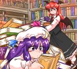  2girls :| ^^^ bangs bat_wings black_skirt black_vest blush_stickers book book_stack bookshelf bow brown_footwear closed_mouth commentary_request crescent crescent_hat_ornament dress_shirt eyebrows_visible_through_hair full_body hair_between_eyes hat hat_bow hat_ornament head_wings holding holding_book koakuma library long_hair long_sleeves looking_at_another lying mob_cap multiple_girls necktie on_stomach patchouli_knowledge purple_hair reading red_eyes red_neckwear redhead shirt sidelocks skirt skirt_set standing stuck sweatdrop too_many too_many_books touhou vest violet_eyes voile white_legwear white_shirt wings yumemizawazawa 