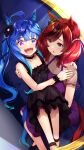  2girls :d ahoge bangs black_choker black_dress blue_eyes blue_hair blue_nails bow carrying choker commentary_request couch crossed_bangs dress ear_bow flower green_bow grey_eyes hair_flower hair_ornament hair_ribbon hands_on_another&#039;s_shoulders heterochromia highres long_hair merxkialis multiple_girls nail_polish nice_nature_(umamusume) on_couch open_mouth pink_nails princess_carry purple_dress red_eyes ribbon sharp_teeth shoes short_sleeves simple_background sleeveless sleeveless_dress smile teeth twin_turbo_(umamusume) twintails umamusume upper_teeth very_long_hair violet_eyes wrist_cuffs 