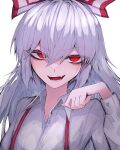  1girl 33_gaff :d bangs bow buttons clenched_hand collared_shirt eyebrows_visible_through_hair fujiwara_no_mokou hair_between_eyes hair_bow long_hair long_sleeves looking_at_viewer multicolored_bow open_mouth red_bow red_eyes shirt silver_hair simple_background smile solo suspenders teeth touhou upper_body v-shaped_eyebrows white_background white_bow white_shirt 