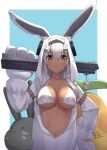  animal_ears blush collarbone cosplay dark_skin girls_frontline highres kigurumi medium_hair navel ns2000_(girls_frontline) pajamas rabbit_ears red_eyes sarasa_(kanbi) smile white_hair 