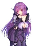  1girl breasts cleavage_cutout clothing_cutout collarbone dress fate/grand_order fate_(series) feather_trim hair_between_eyes highres holding holding_wand large_breasts long_hair long_sleeves purple_dress purple_hair red_eyes scathach_(fate)_(all) scathach_skadi_(fate) shinrou_tsukimi simple_background solo tiara wand white_background 