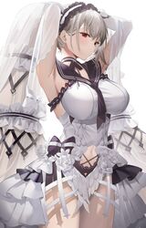  1girl armpits azur_lane bangs breasts closed_mouth clothing_cutout commentary_request dress evening_gown eyebrows_visible_through_hair formidable_(azur_lane) formidable_(timeless_classics)_(azur_lane) grey_hair highres large_breasts legs_together long_hair looking_at_viewer navel navel_cutout red_eyes sg_(satoumogumogu) sidelocks simple_background solo standing sweat twintails very_long_hair white_background white_dress 