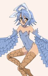  1girl ahoge animal_ears bangs bare_shoulders beige_background bird_legs blue_feathers blue_hair blue_leotard blue_wings breasts commentary covered_navel donquiyume english_commentary eyebrows_visible_through_hair fake_animal_ears feathered_wings feathers hair_between_eyes harpy headband highres leotard monster_girl monster_musume_no_iru_nichijou navel papi_(monster_musume) rabbit_ears shadow short_hair simple_background small_breasts smile solo talons winged_arms wings wrist_cuffs yellow_eyes 