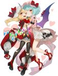  2girls ;) ;d backless_outfit bat_wings black_bow black_legwear blonde_hair bloomers blue_hair bow clothing_cutout dress fang flandre_scarlet floral_print full_body gotoh510 hat hat_bow heart heart_cutout high_heels highres hug long_hair looking_at_viewer mob_cap multiple_girls one_eye_closed open_mouth pink_dress pink_headwear puffy_short_sleeves puffy_sleeves red_bow red_dress red_eyes red_footwear remilia_scarlet shoes short_hair short_sleeves siblings signature simple_background sisters smile thigh-highs touhou underwear white_background white_headwear wings 