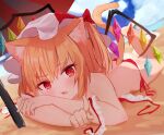  1girl animal_ear_fluff animal_ears ass bangs barefoot beach bikini blonde_hair blush bow cat_ears cat_tail clouds cloudy_sky crystal day dutch_angle eyebrows_visible_through_hair fang feet flandre_scarlet foreshortening frills hair_bow hat horizon index_finger_raised kemonomimi_mode looking_at_viewer lying mob_cap on_stomach one_side_up open_mouth outdoors pointing pointing_at_viewer red_bikini red_bow red_eyes short_hair skin_fang sky solarisu solo swimsuit tail touhou undone_bra white_headwear wings 