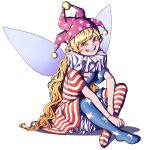  1girl american_flag_dress american_flag_legwear blonde_hair clownpiece fairy_wings full_body hat highres indian_style jester_cap long_hair looking_at_viewer mefomefo neck_ruff pointy_ears purple_headwear red_eyes short_sleeves simple_background sitting smile solo star_(symbol) star_print striped touhou very_long_hair white_background wings 